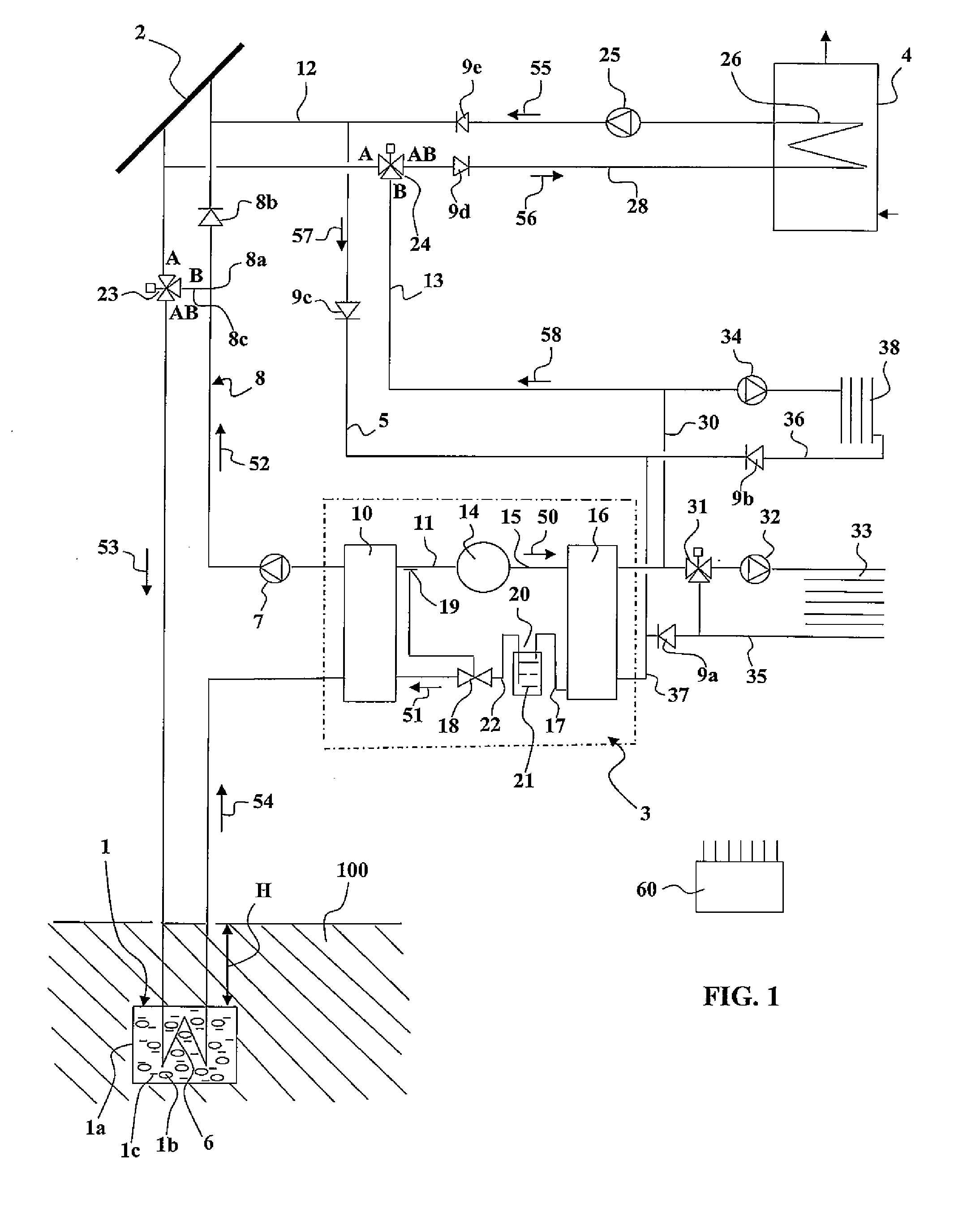 Device for heating, cooling and producing domestic hot water using a heat pump and low-temperature heat store