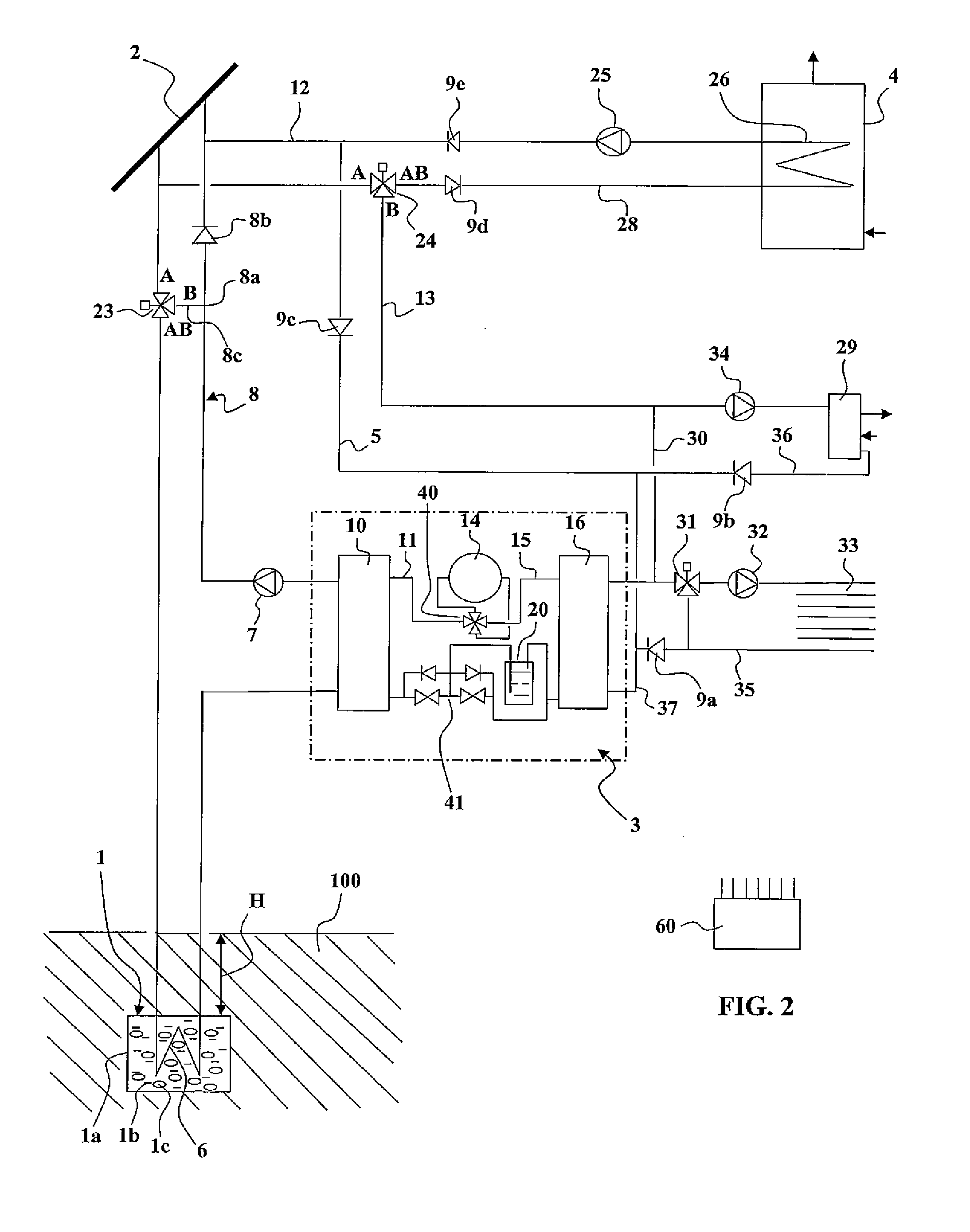 Device for heating, cooling and producing domestic hot water using a heat pump and low-temperature heat store