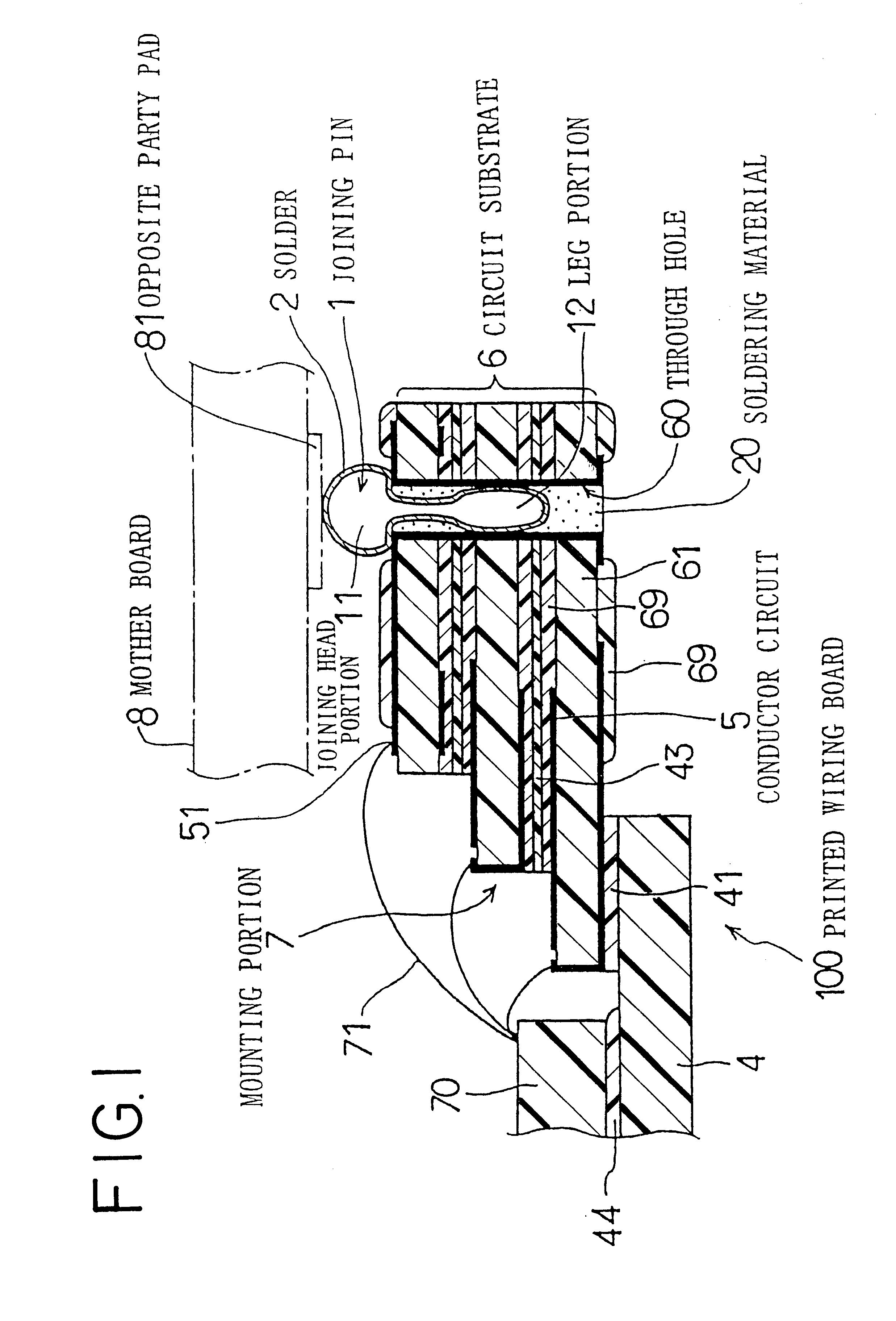 Printed wiring board with joining pin and manufacturing method therefor