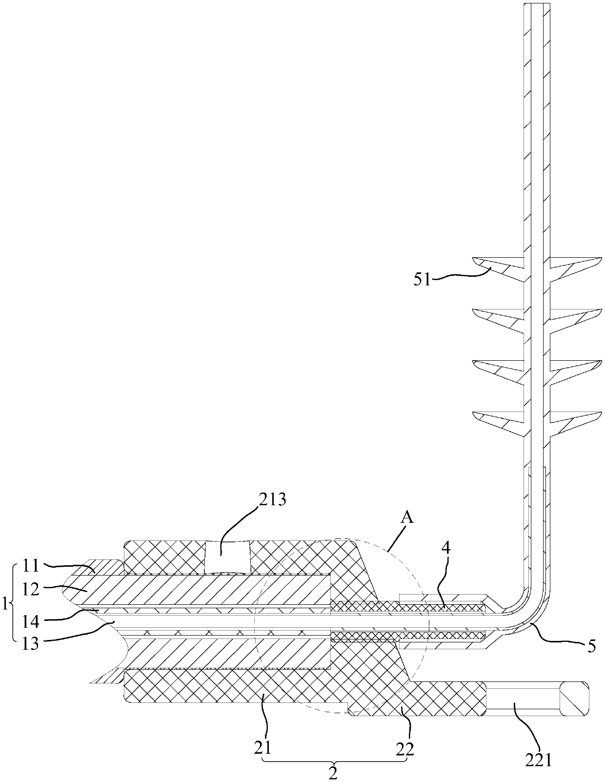 Tail connection assembly with built-in optical fiber cable, and connection method