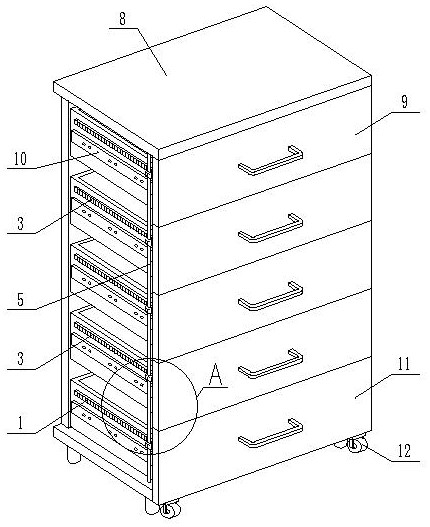 Rack and pinion transmission device and safe drawer cabinet made of it which is not easy to fall