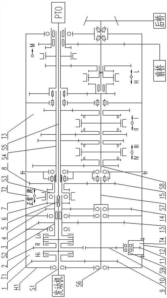 Tractor power high gear, power reversing and crawling gear combined transmission