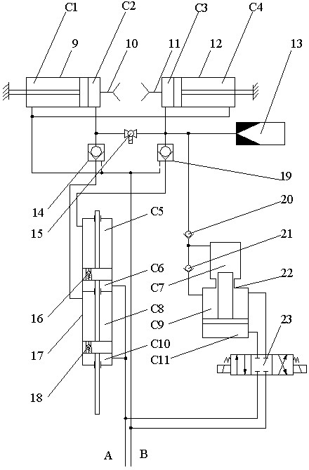 Double-cylinder synchronous hydraulic circuit with functions of supercharging and eliminating accumulated error