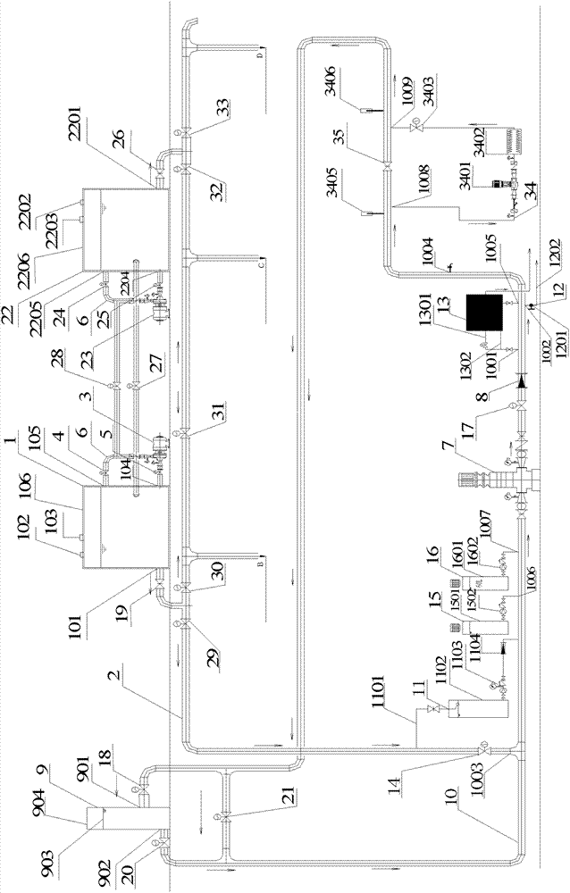 Circulating pipe network water quantity integrated simulation test system with temperature control system