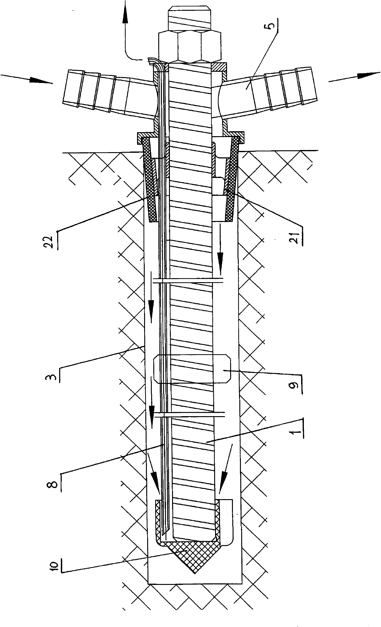 Pressure grouting device for overall length spiral anchor rod and construction process