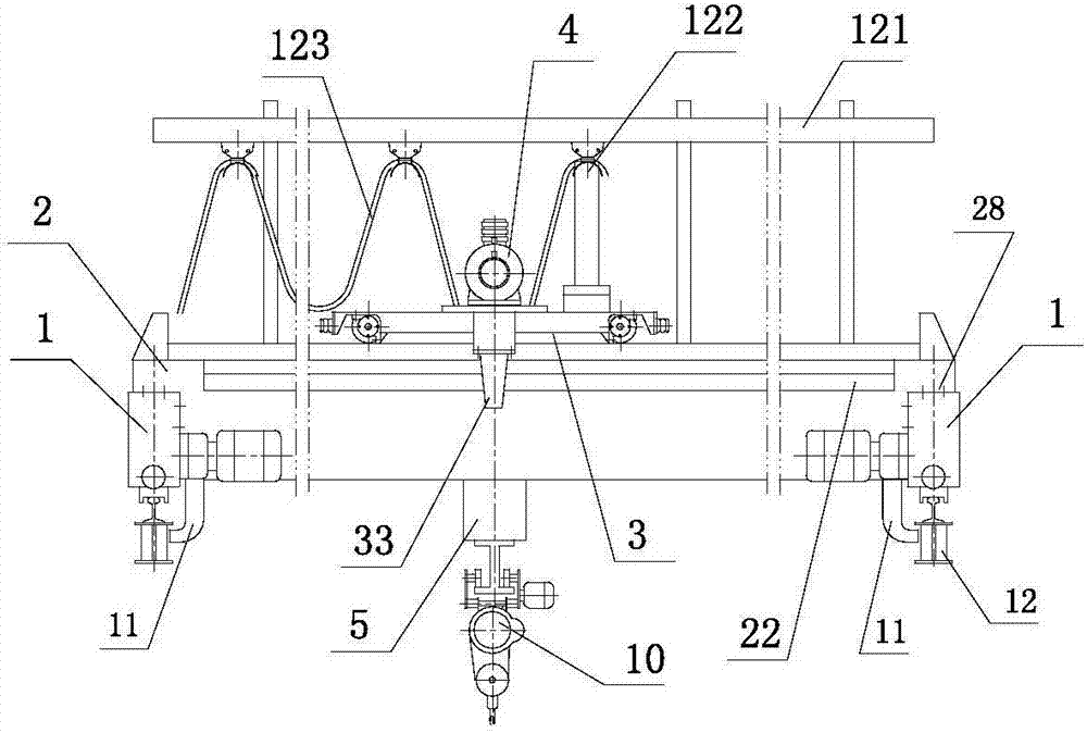 Cantilever crane with travelling trolley and current collection slip ring