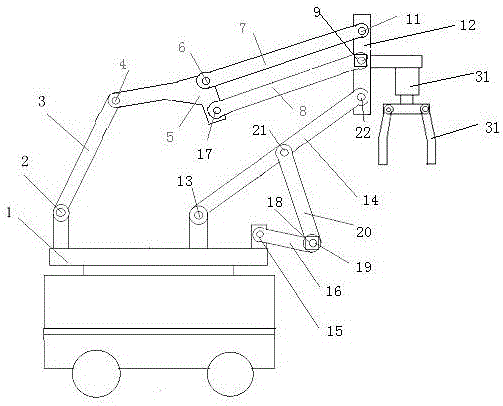 Connecting rod type variable freedom degree fodder stacking mechanical arm driven by servo motor