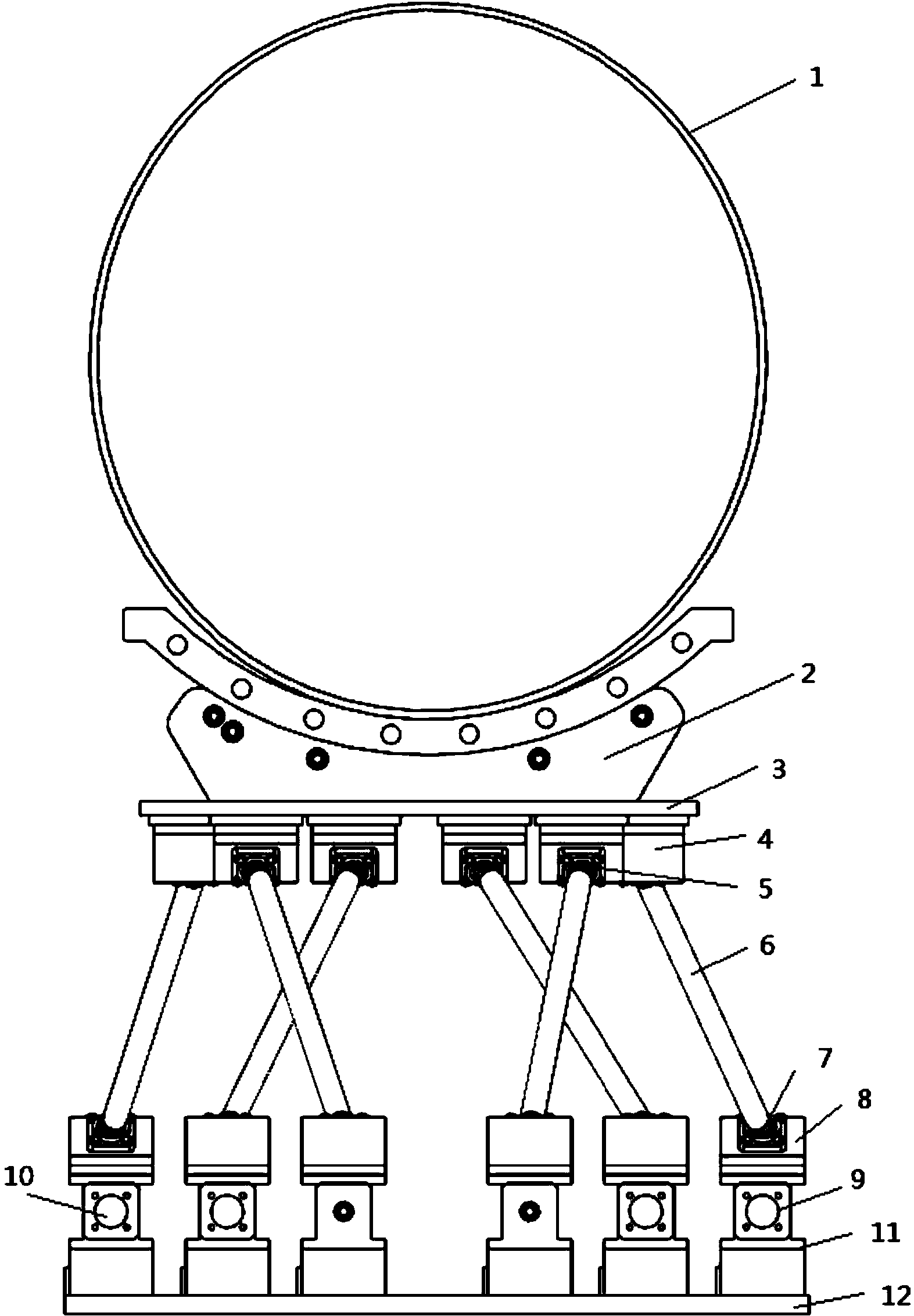 Six-degree-of-freedom positioning gesture adjusting equipment used for automatic assembling of large barrel-shaped thin-wall construction member
