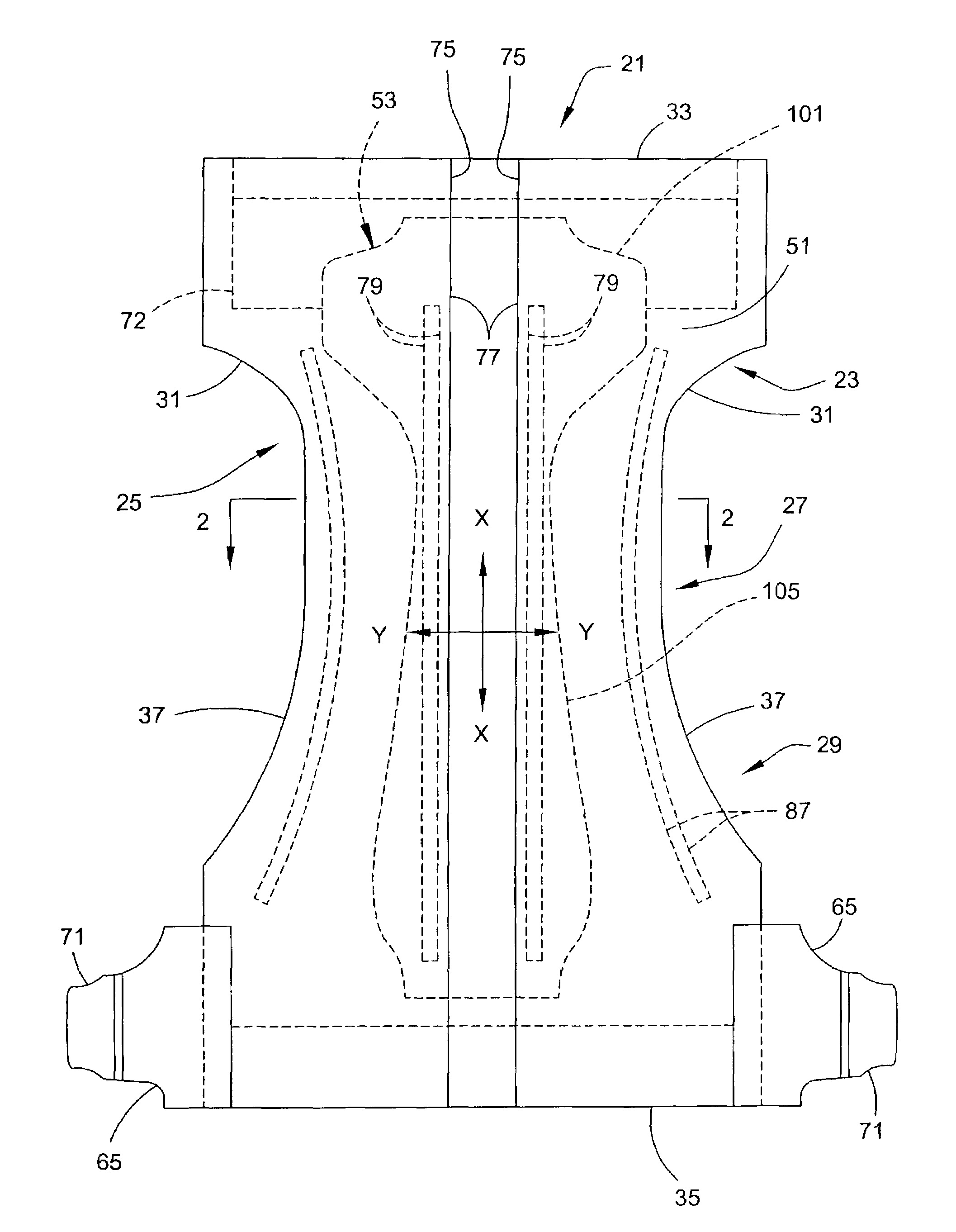 Absorbent article with stabilized absorbent structure having non-uniform lateral compression stiffness