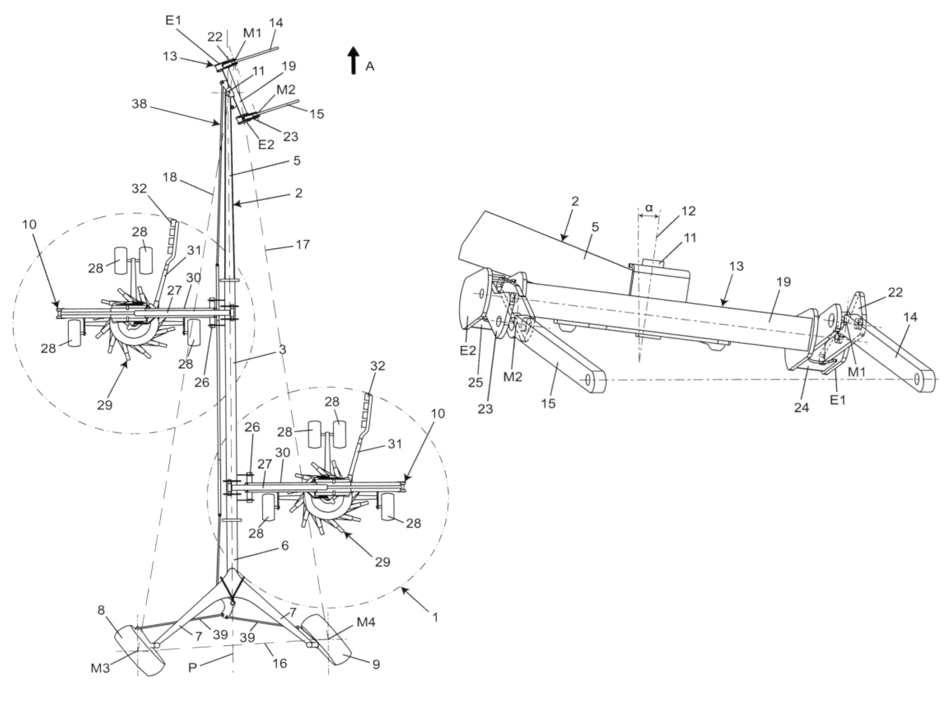 Haymaking machine provided with a hitching device with an inclined pivoting axis