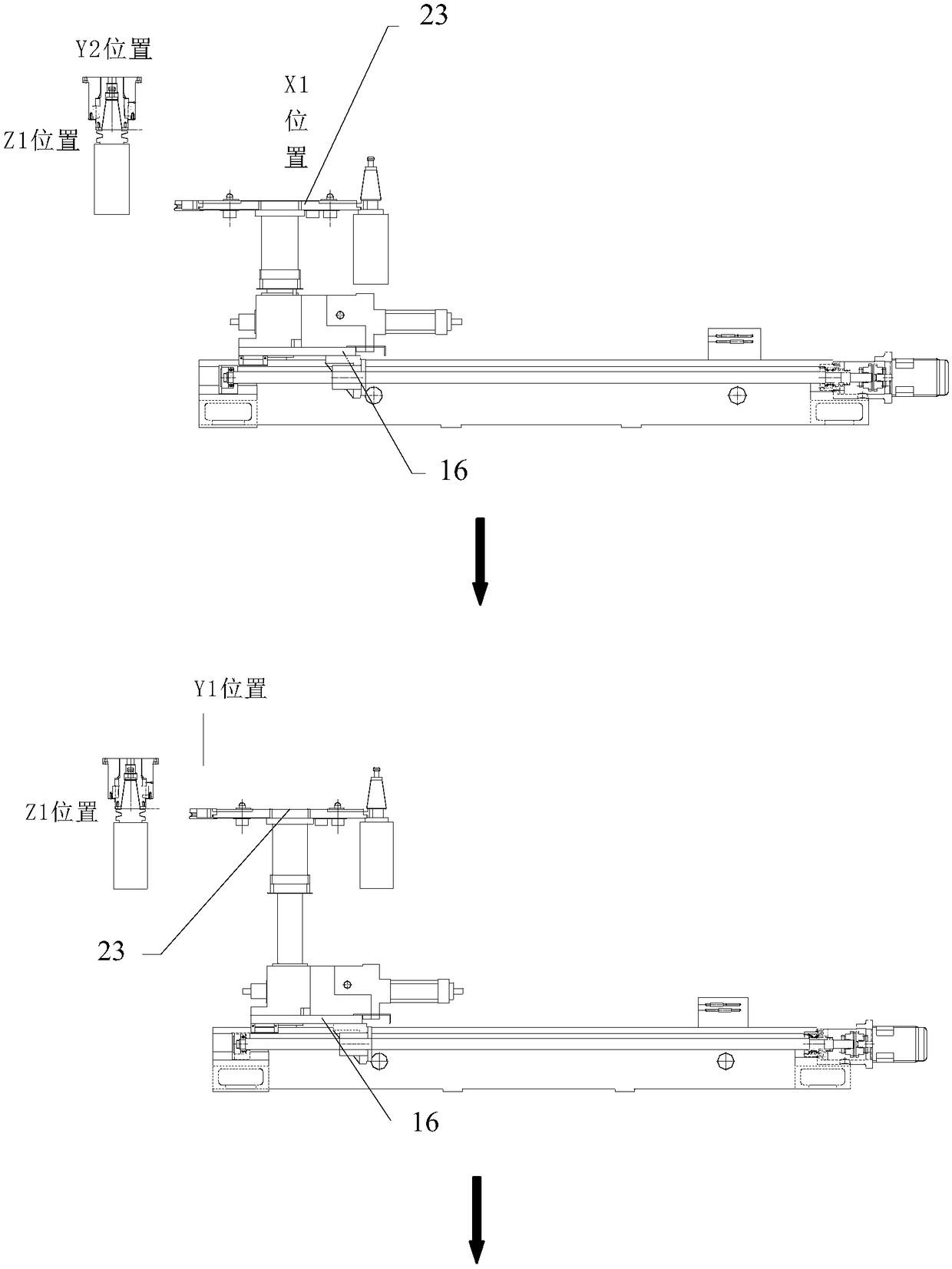 Cutter change mechanism for elevated gantry machining center