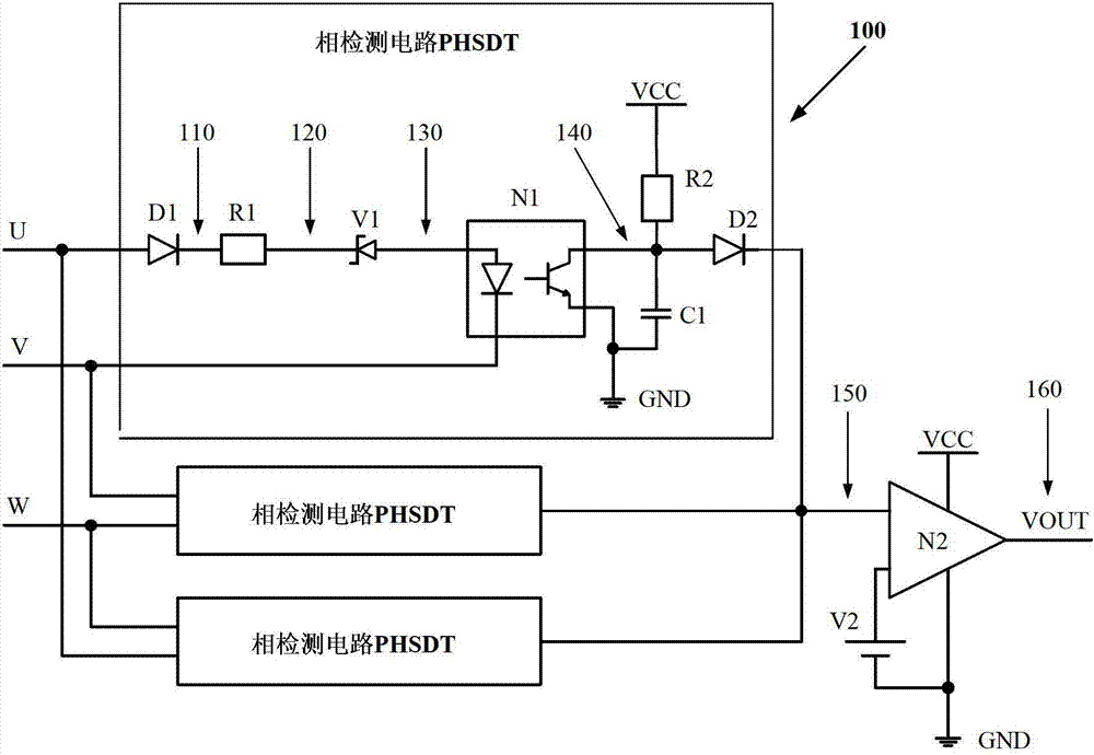 Phase-lack and low-voltage detection circuit for three-phase alternating current