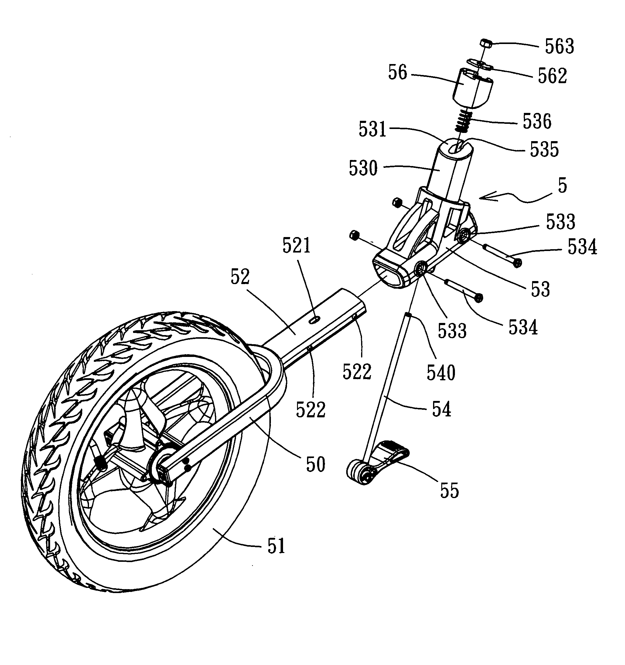 Third wheel collapsing device for a golf club cart