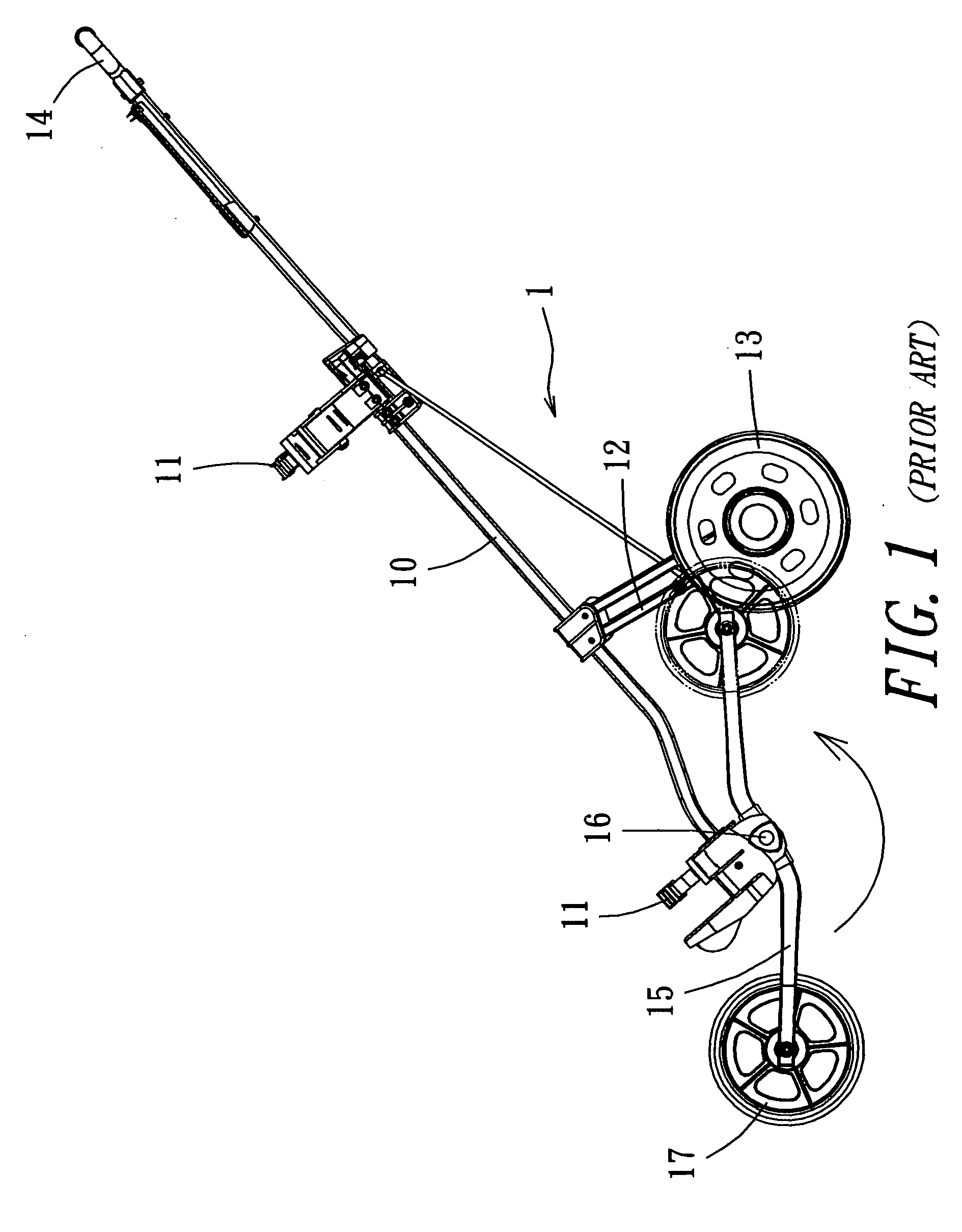 Third wheel collapsing device for a golf club cart