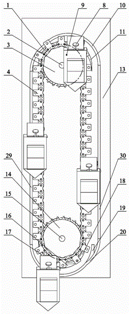 Chain transmission dibble-type pot seedling planting device and method for same