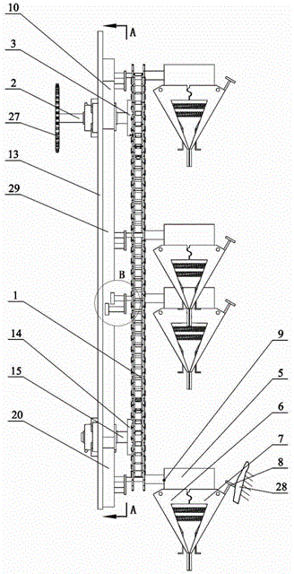 Chain transmission dibble-type pot seedling planting device and method for same