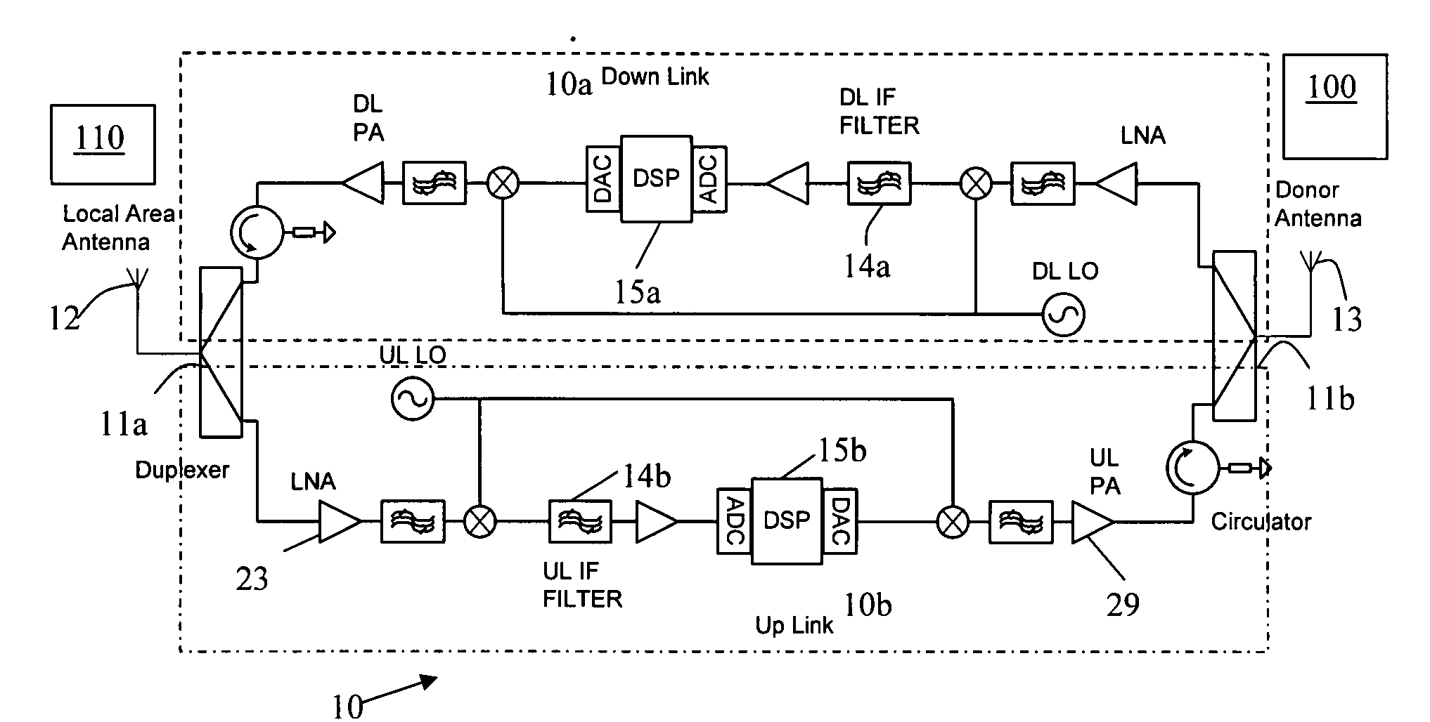 Adaptive echo cancellation for an on-frequency RF repeater using a weighted power spectrum