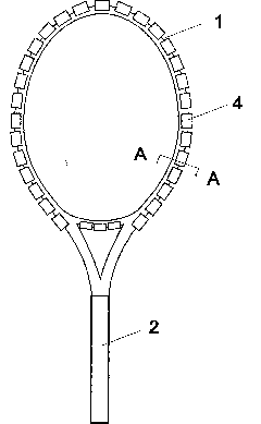 Shock-absorbing elasticity-increasing tennis racket, squash racket or badminton racket