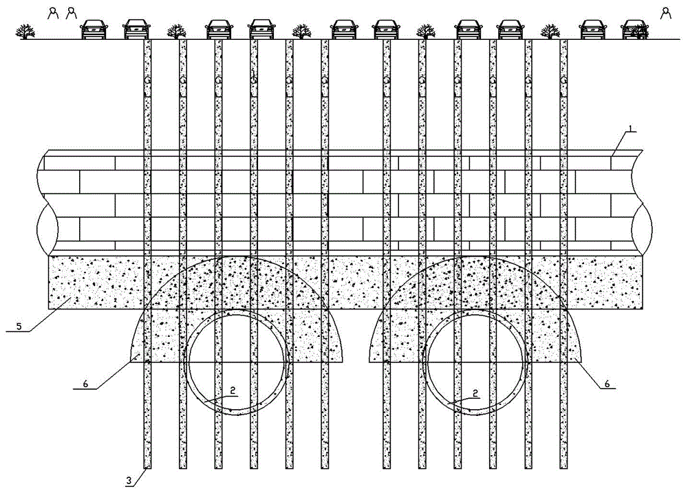 Plain pile reinforcement system used for reserving conditions for long-term lines passing existing lines and construction method of system