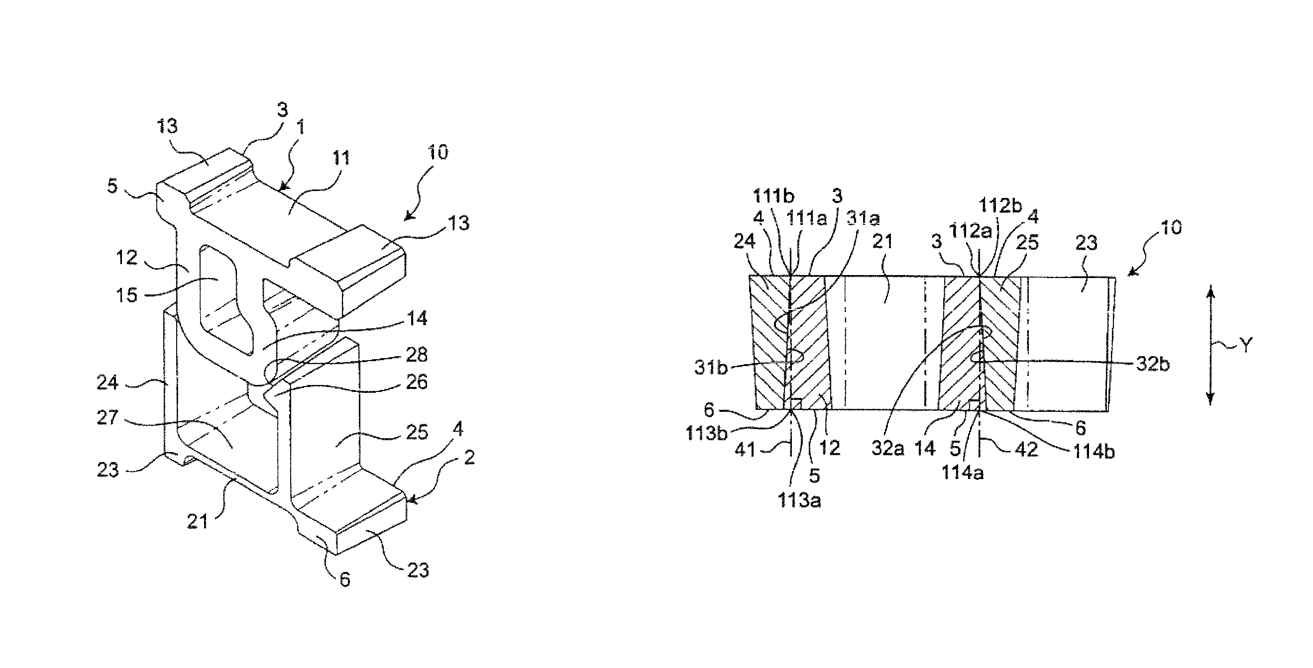 Connecting mechanism having two contacts with contact surfaces inclined in a direction perpendicular to their mating direction