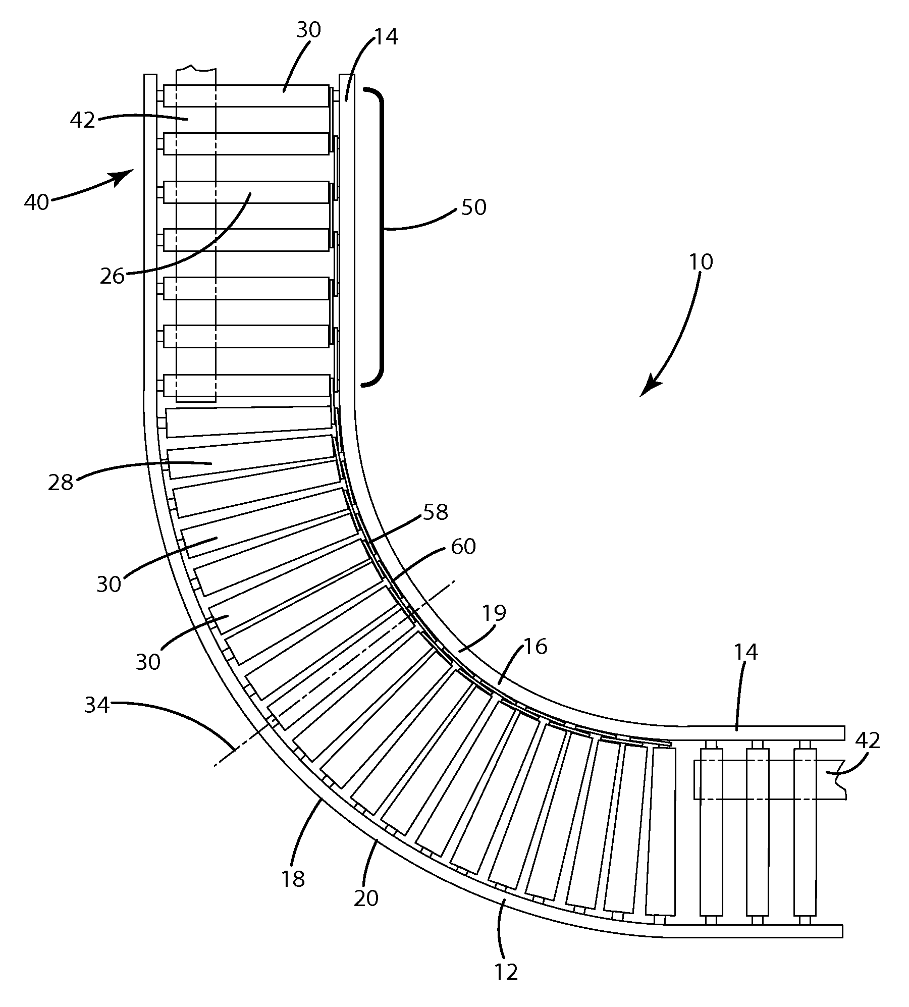 Drive system for curved roller conveyor segments