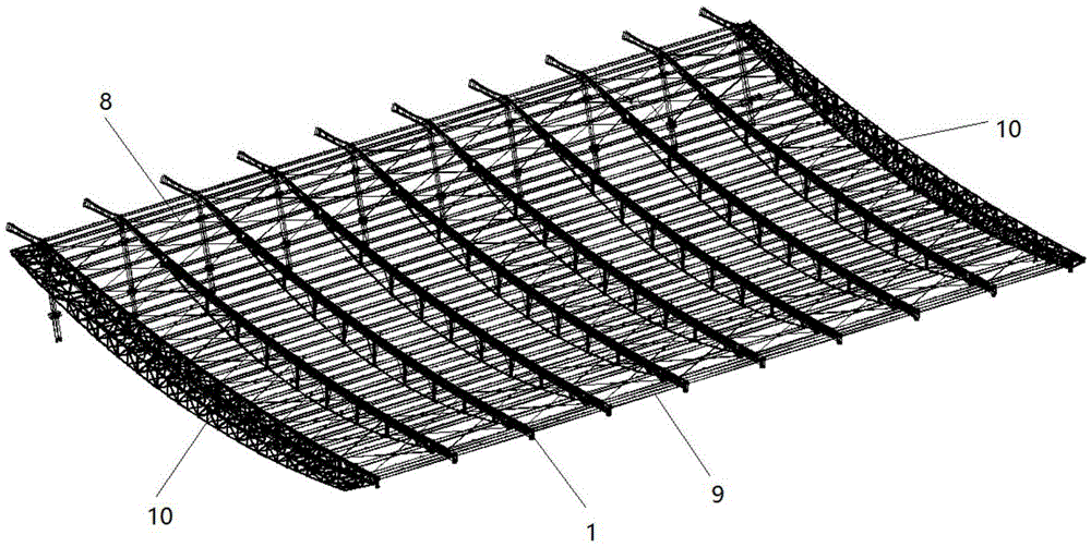 Inverted arch beam string structure roof of large-span steel structure and construction method thereof