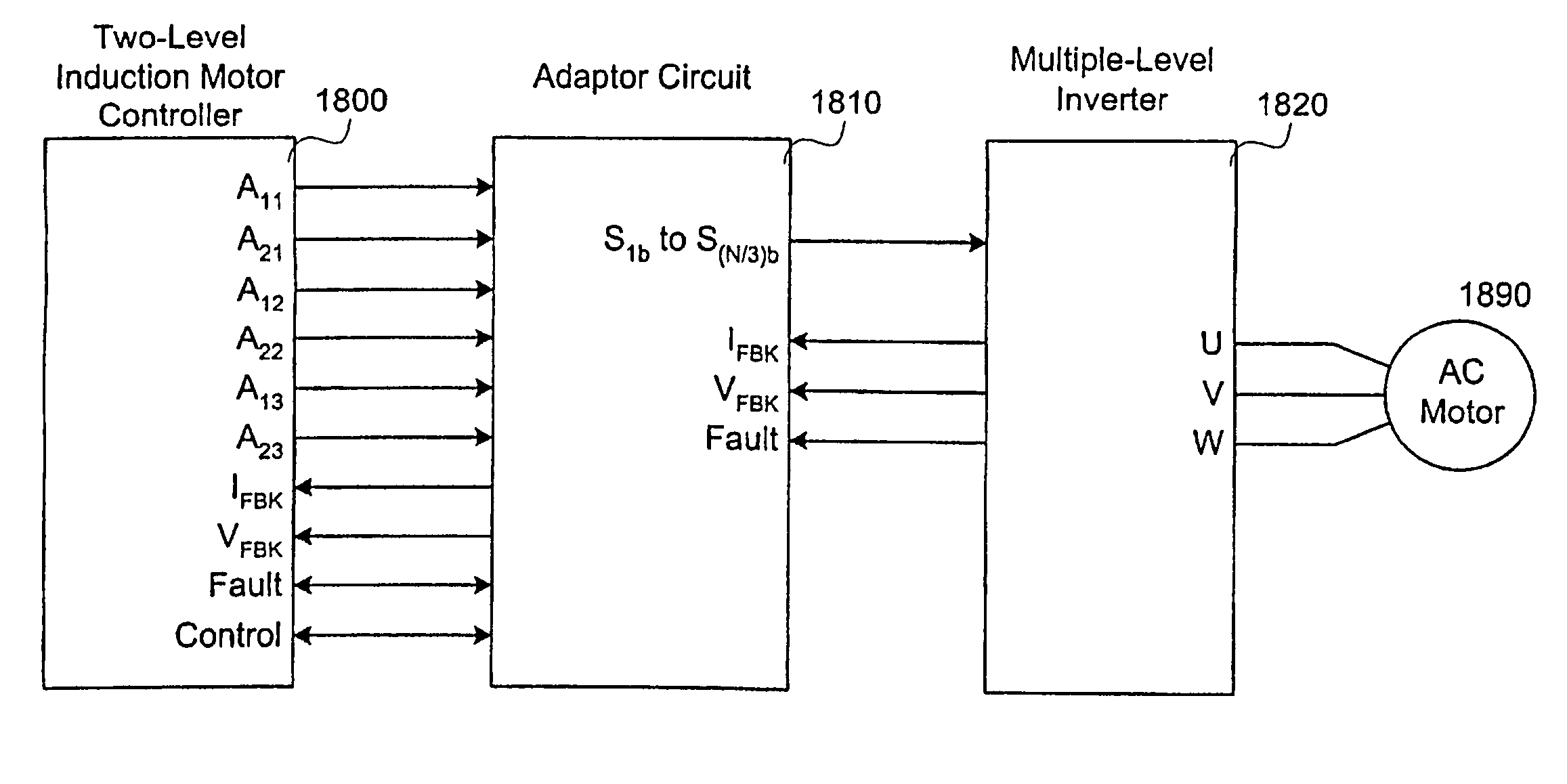 Low voltage, two-level, six-pulse induction motor controller driving a medium-to-high voltage, three-or-more-level AC drive inverter bridge