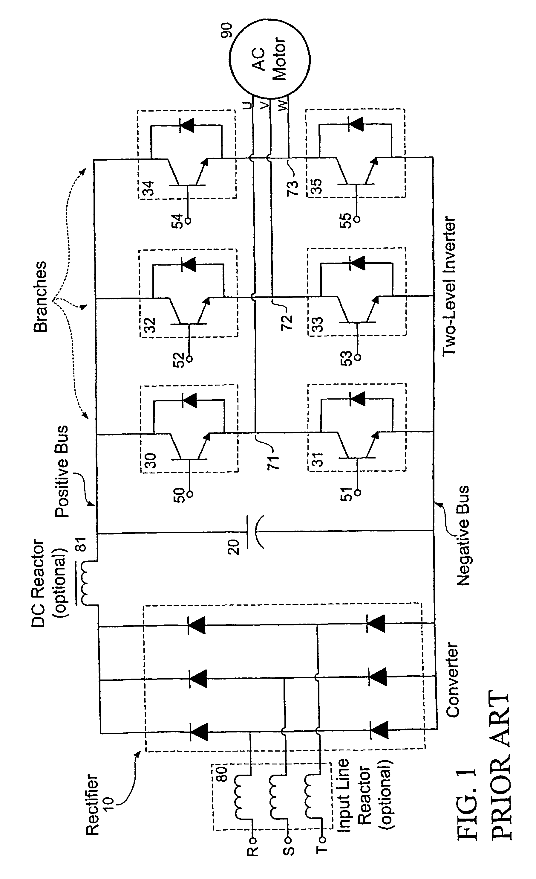 Low voltage, two-level, six-pulse induction motor controller driving a medium-to-high voltage, three-or-more-level AC drive inverter bridge