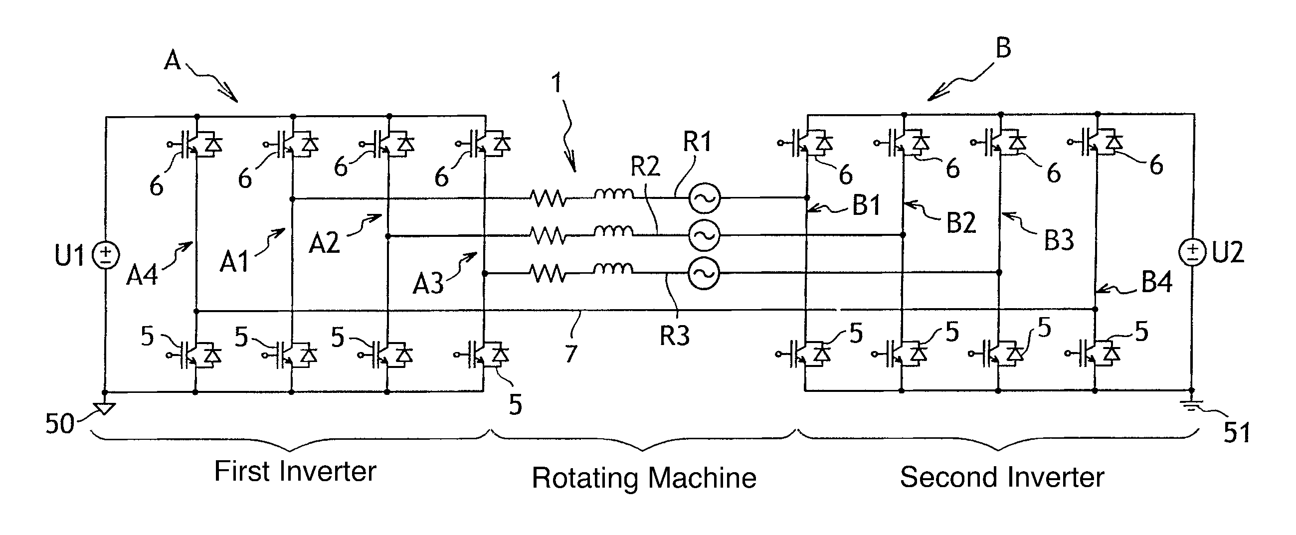 Power supply with two series inverters for a polyphase electromechanical actuator