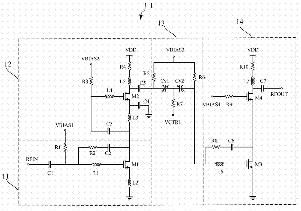Stage-matching-adjustable CMOS (complementary metal oxide semiconductor) ultra-wideband low-noise amplifier circuit