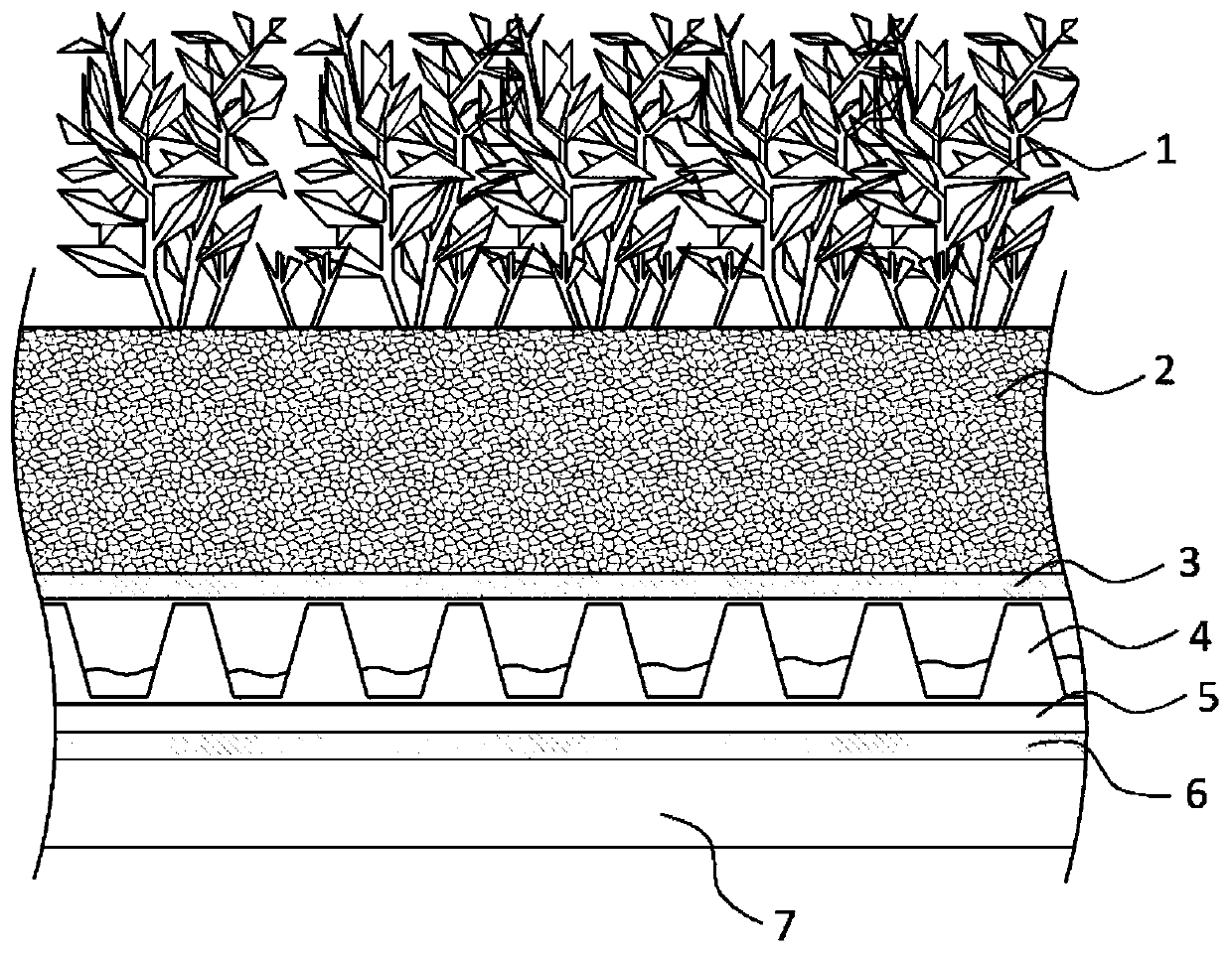 Planting substrate with glass water conserving and root fixing layer and growth obstructing layer and planting container