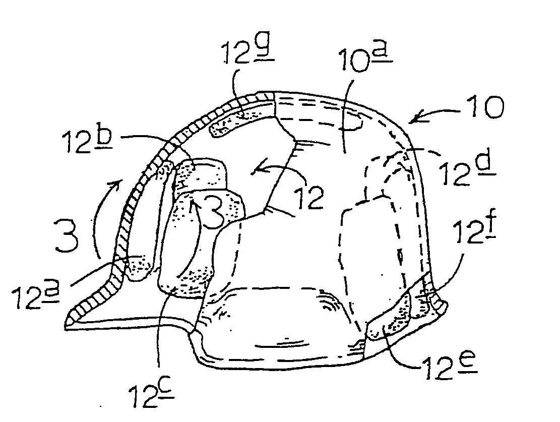 Helmet cushioning pad with variable, motion-reactive applied-load response, and associated methodology