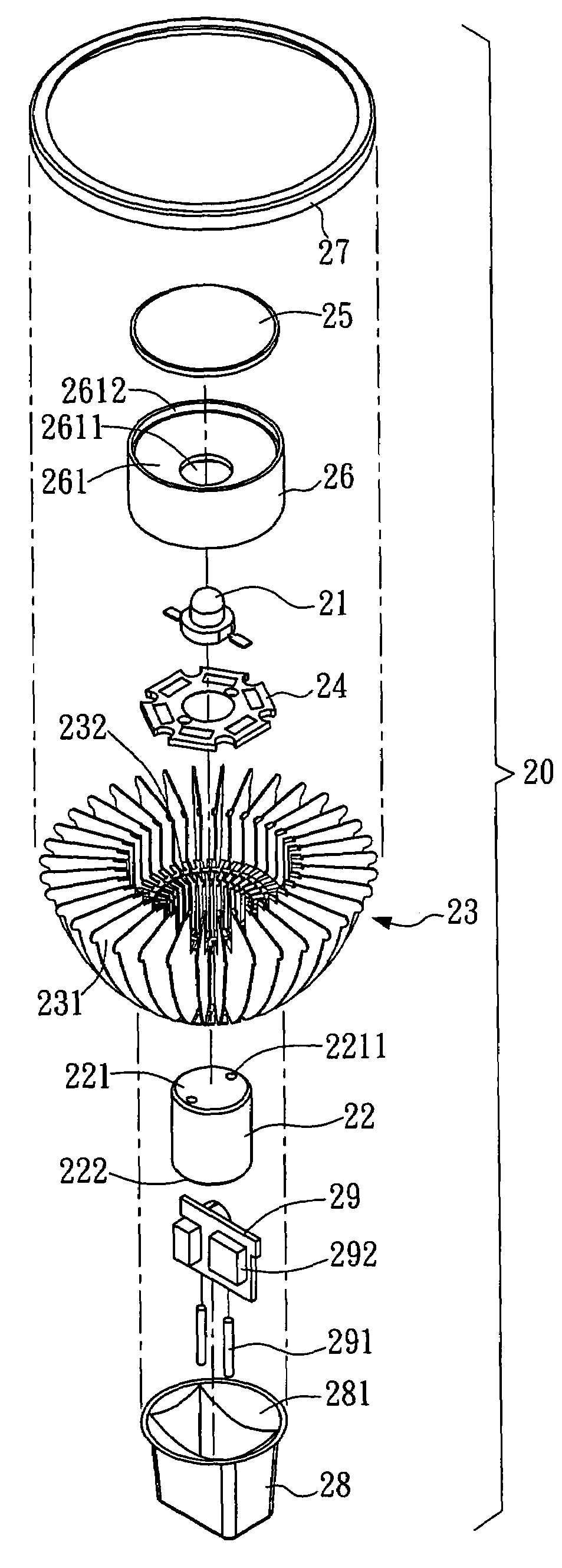 LED lamp with plural radially arranged heat sinks