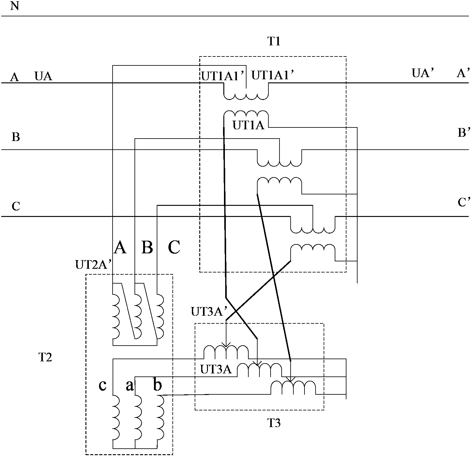 Phase shifter for three-phase voltage and method for phase shifting of three-phase voltage