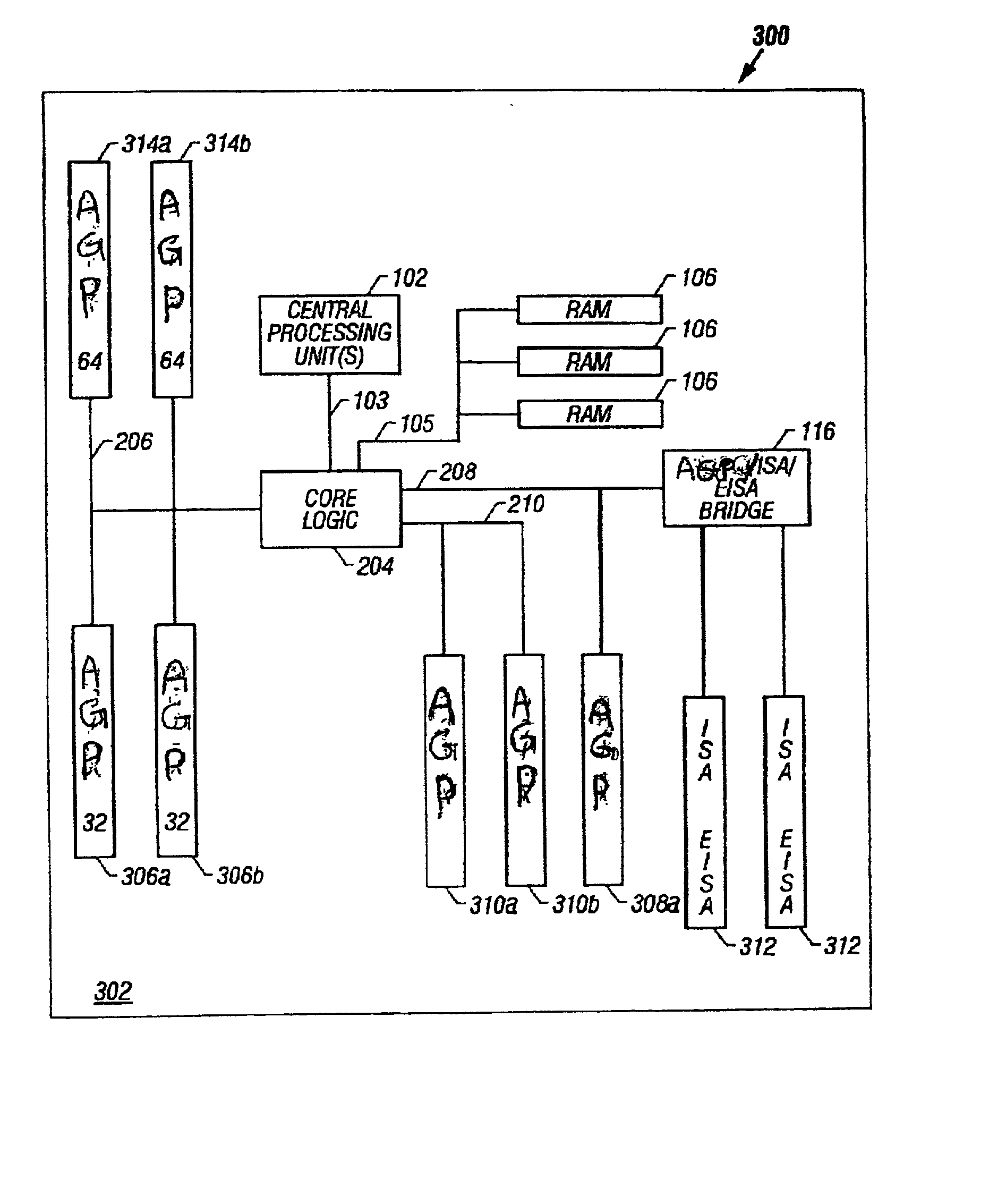 Computer CPU and memory to accelerated graphics port bridge having a plurality of physical buses with a single logical bus number