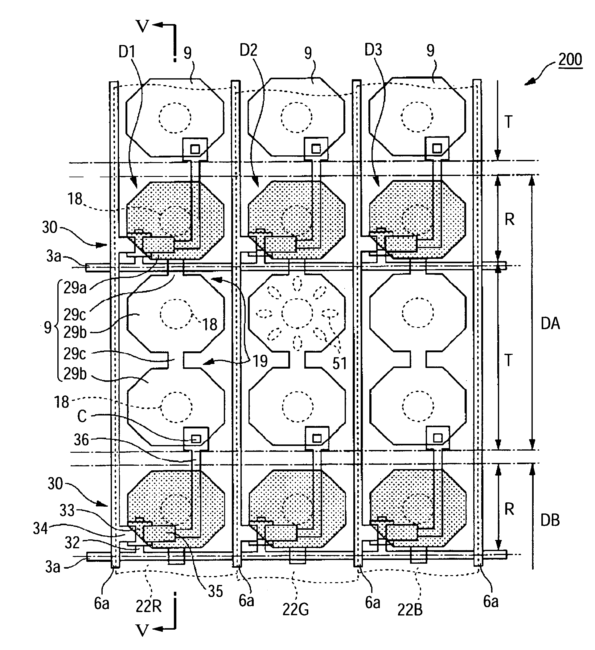 Liquid crystal display device with plurality of interconnected island shaped pixel portions forming pixel electrodes where scanning line overlaps an interconnected portion