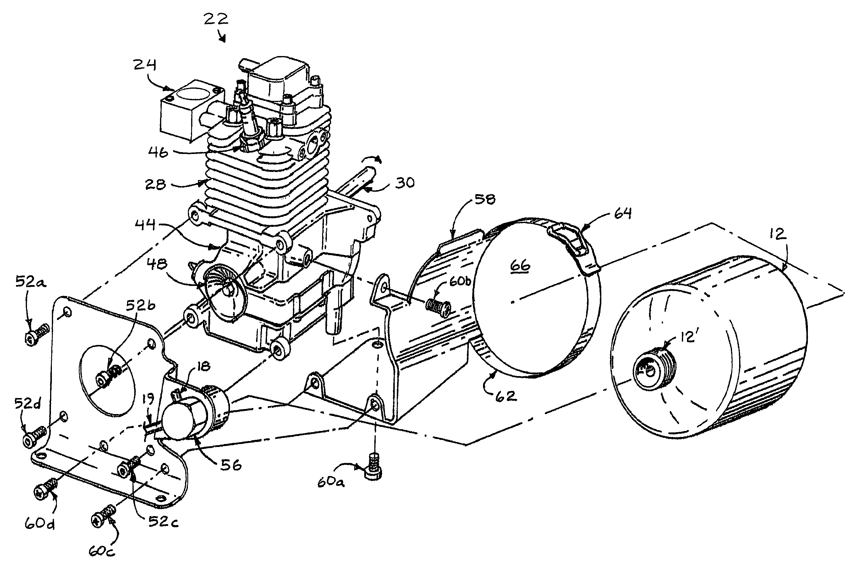Portable gas powered internal combustion engine arrangement