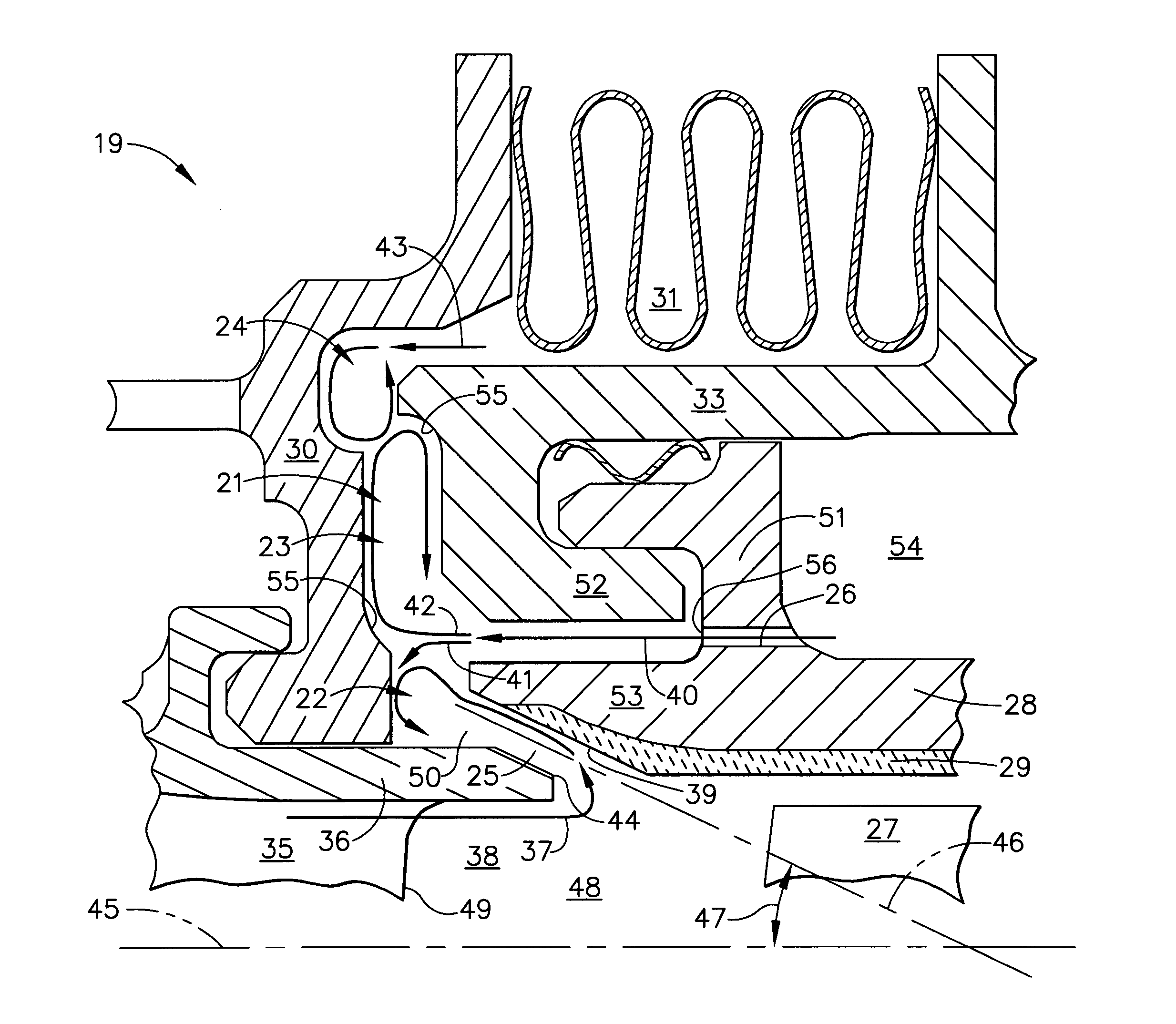 Gas turbine cooled shroud assembly with hot gas ingestion suppression