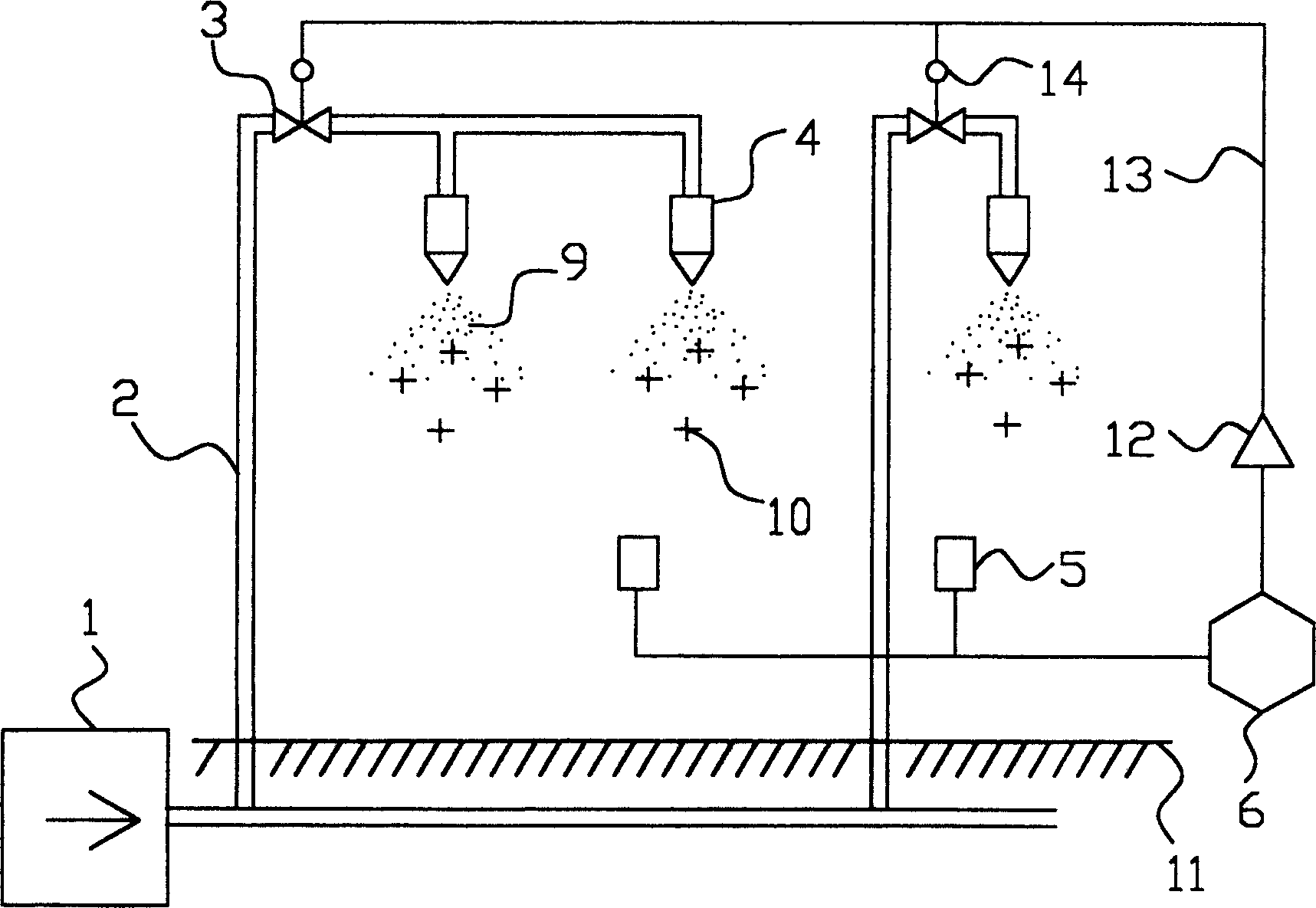 Spray system for temperature lowering and dust removing