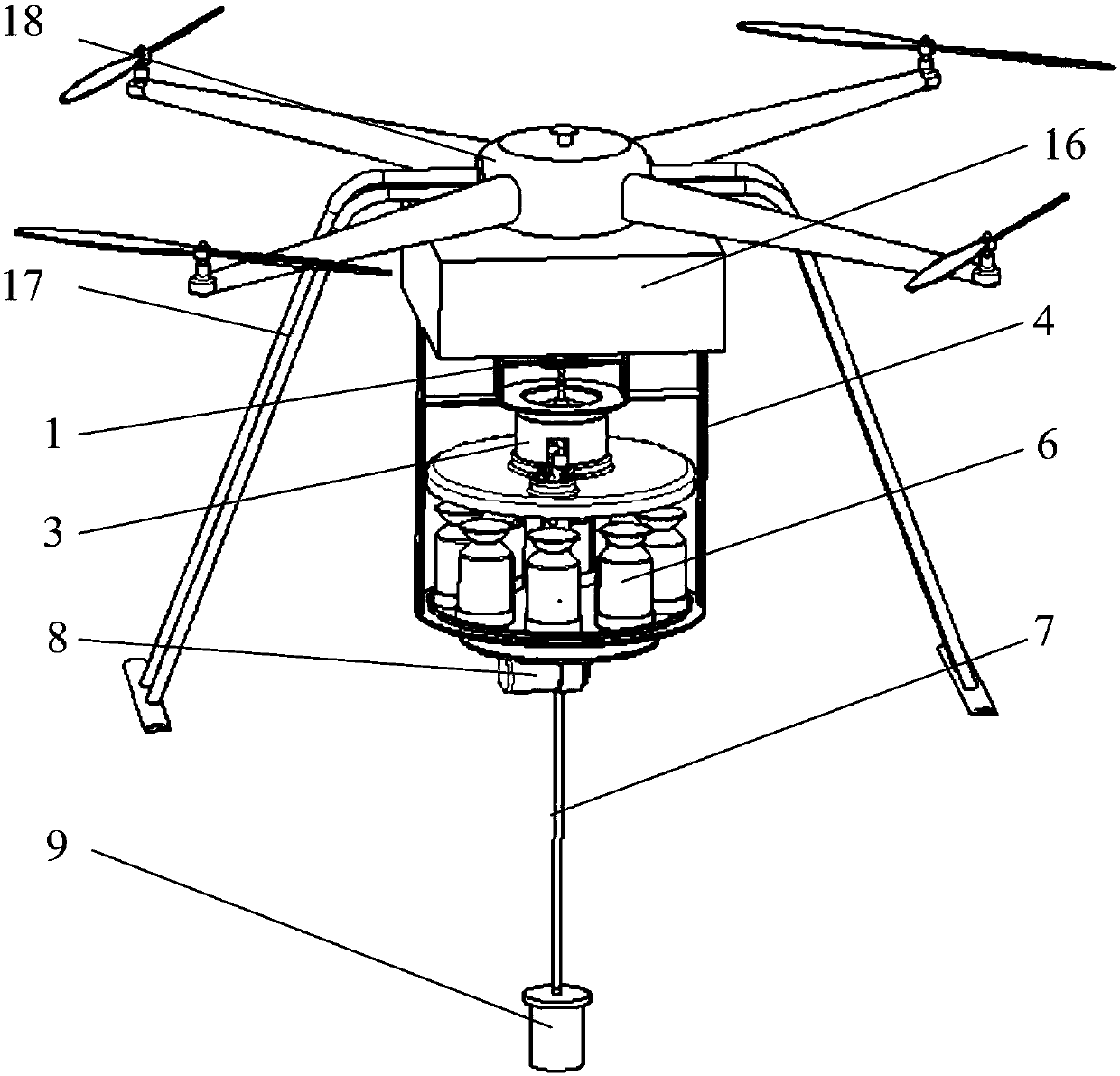 Unmanned aerial vehicle device for automatic water sampling and sampling method