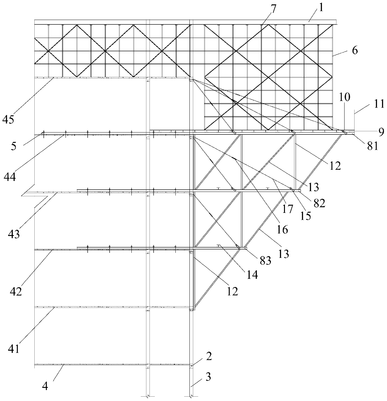 Construction method of multi-storey section steel-stay cable three-dimensional support ultra-large span cast-in-situ cantilever beam