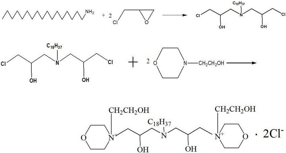 Bi(1-chlorine-N-hydroxyethyl morpholinium-3-hydroxy propyl group)n-octadecylamine quaternary ammonium salt and preparation method thereof