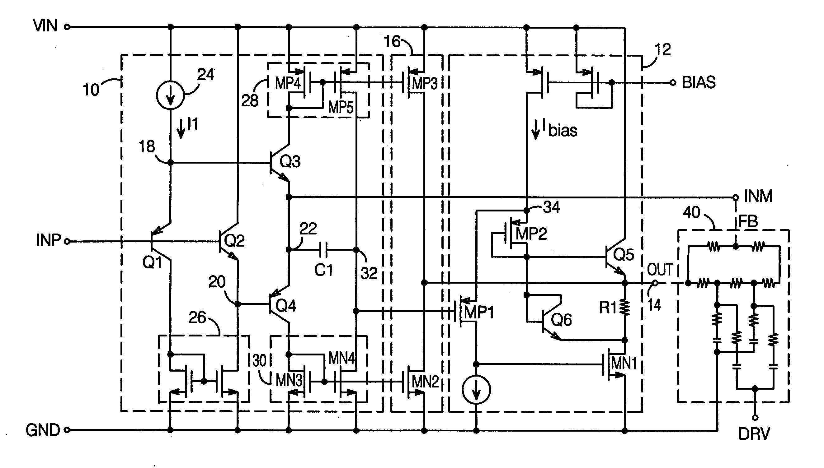 Small signal amplifier with large signal output boost stage