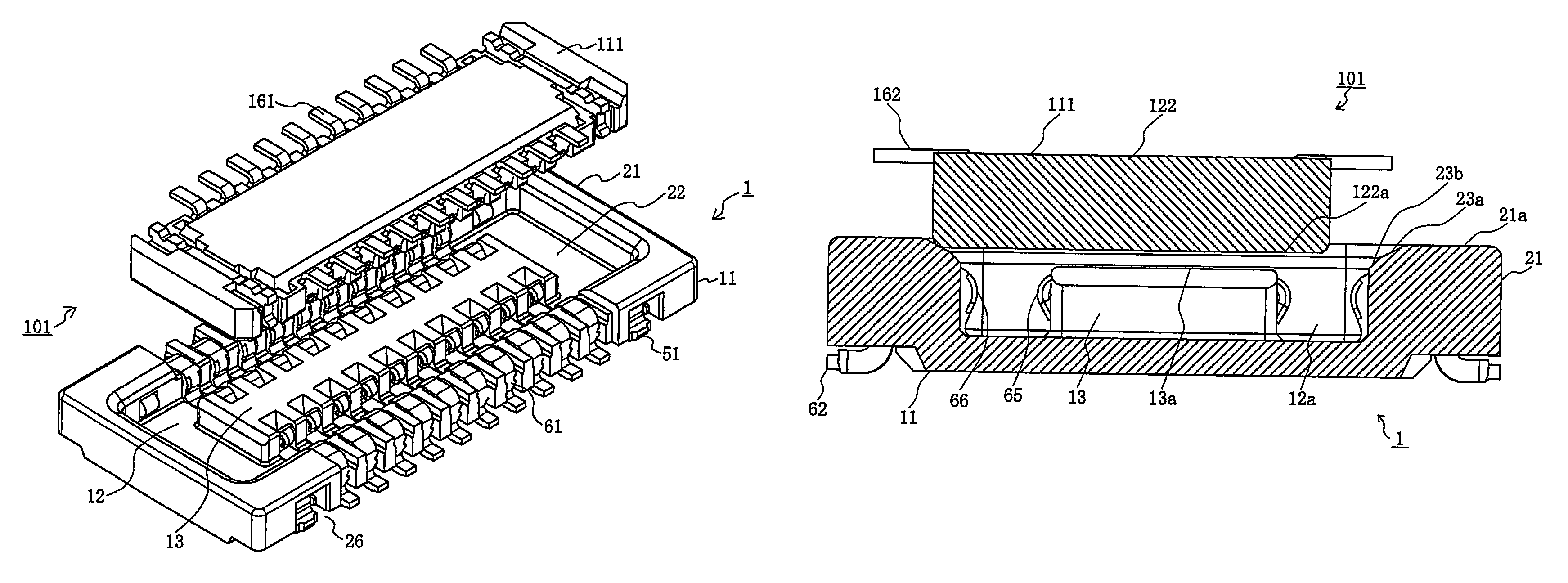 Board-to-board connector having sloped guide surfaces with a common edge