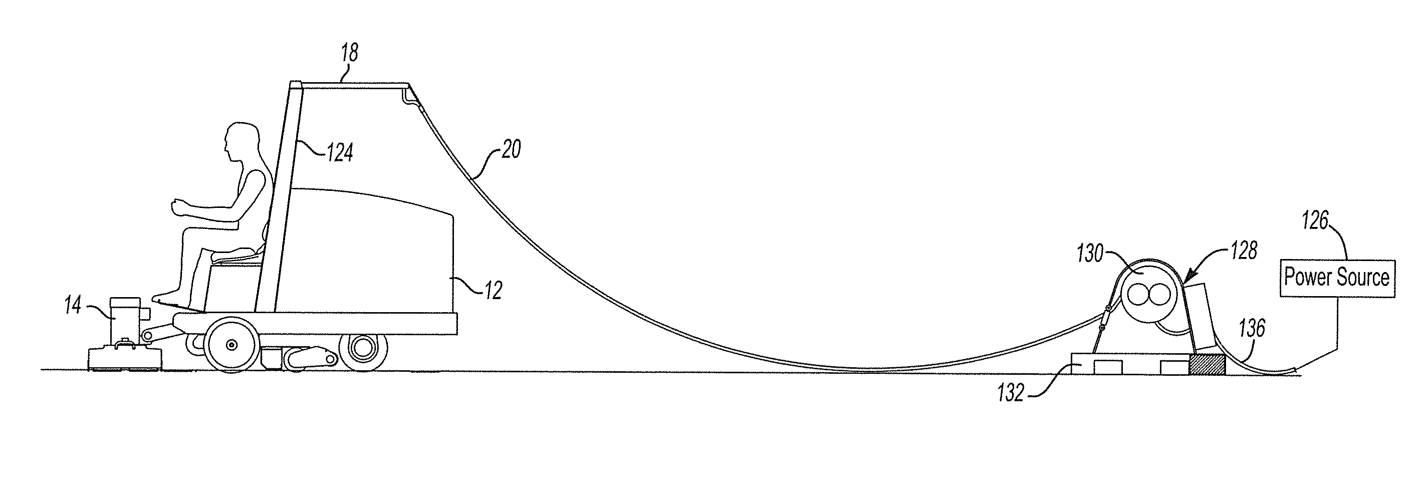 Riding apparatus for treating floor surfaces with a power cord handling swing arm