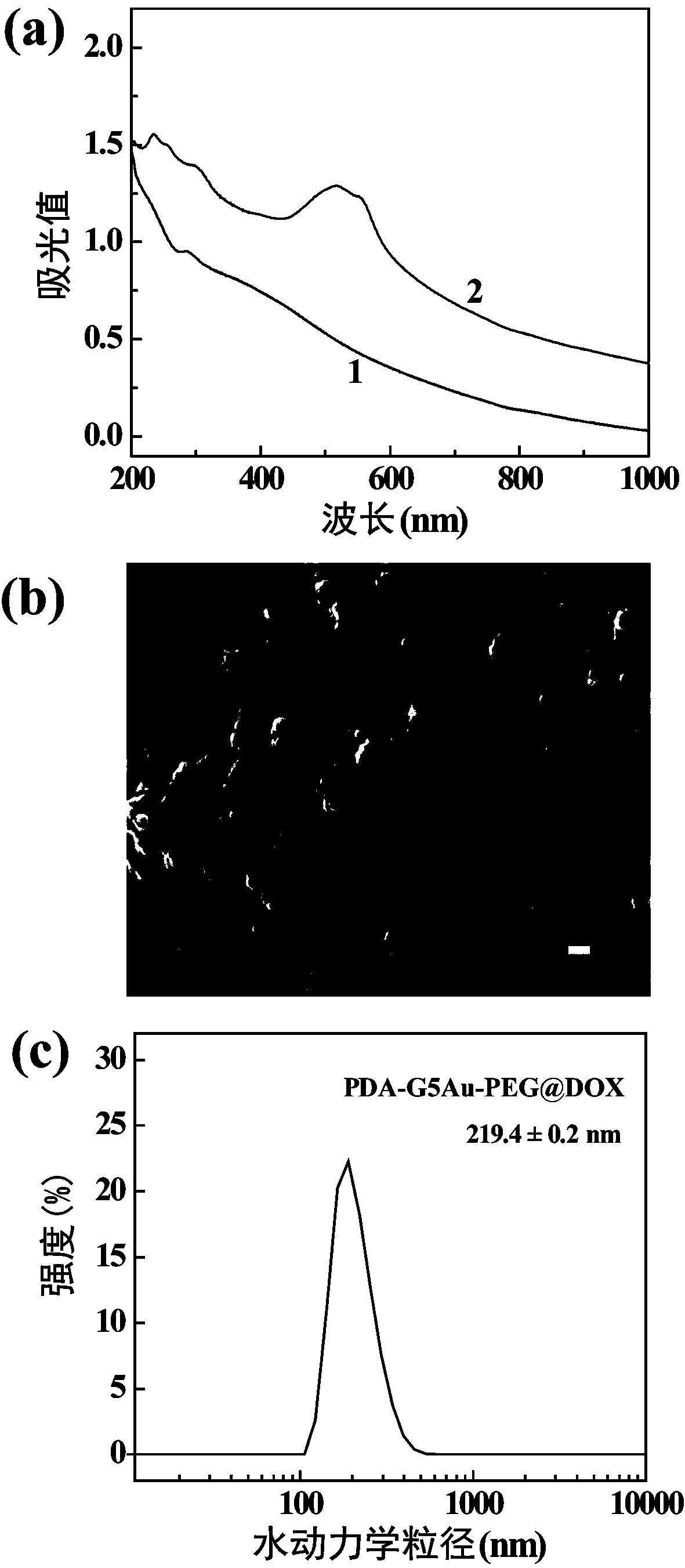 Preparation and application of medicine-carrying polydopamine/dendrimer-gold nanoparticles