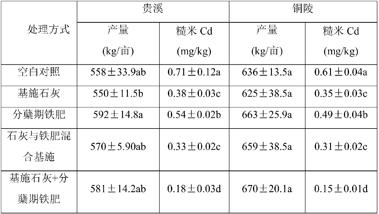 Combined cadmium reducing method for rice through basal application of passivating agent for activity degradation and topdressing of iron fertilizer for root control in tillering stage