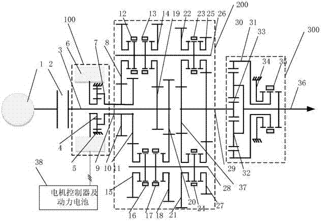 Multi-degree-of-freedom power shift parallel hybrid multi-speed transmission