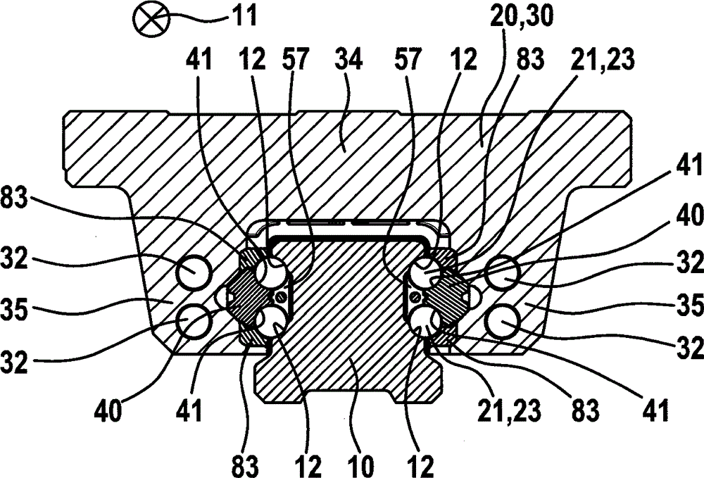 Guide carriage with fastening bore which is a component of a lubricant flow path