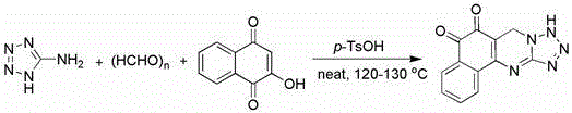 Heterozygote of adjacent naphthoquinone and tetrazol-pyrimidine and synthetic method thereof
